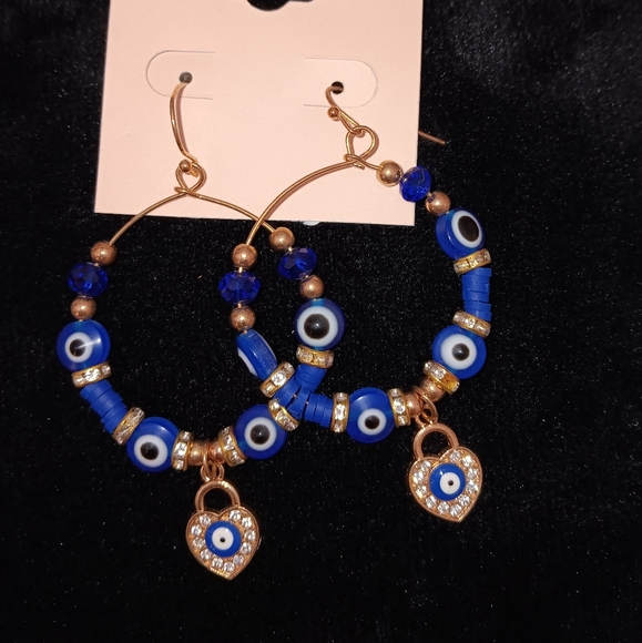 Blossom~Evil Eye Beaded Lightweight Blue and Gold Hoop Earrings NWT - Picture 4 of 8